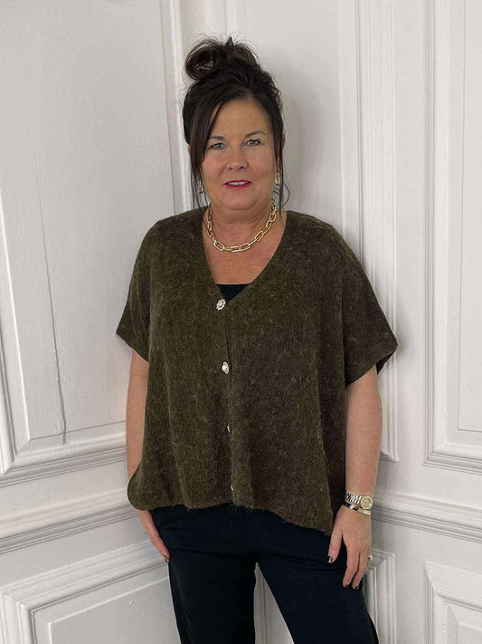 Embellished Button Tank Cardigan - Chocolate