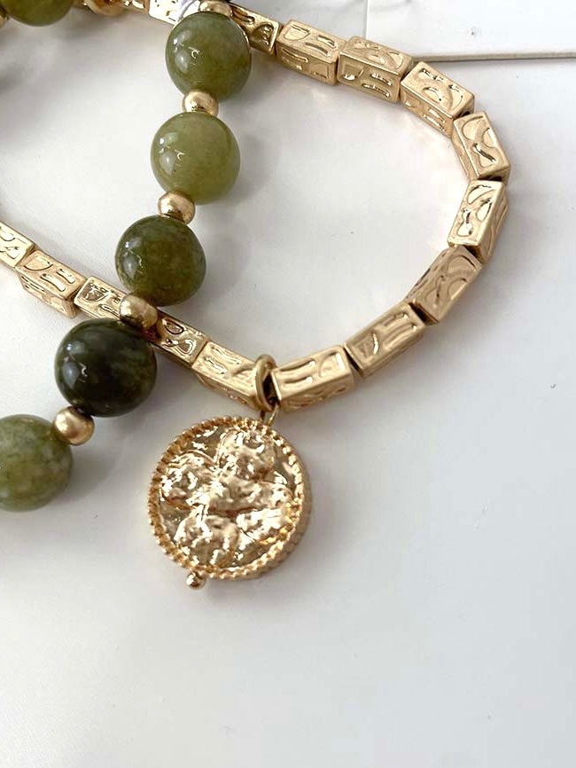 Envy Double Strand Beaded Pendant Bracelet - Gold & Green