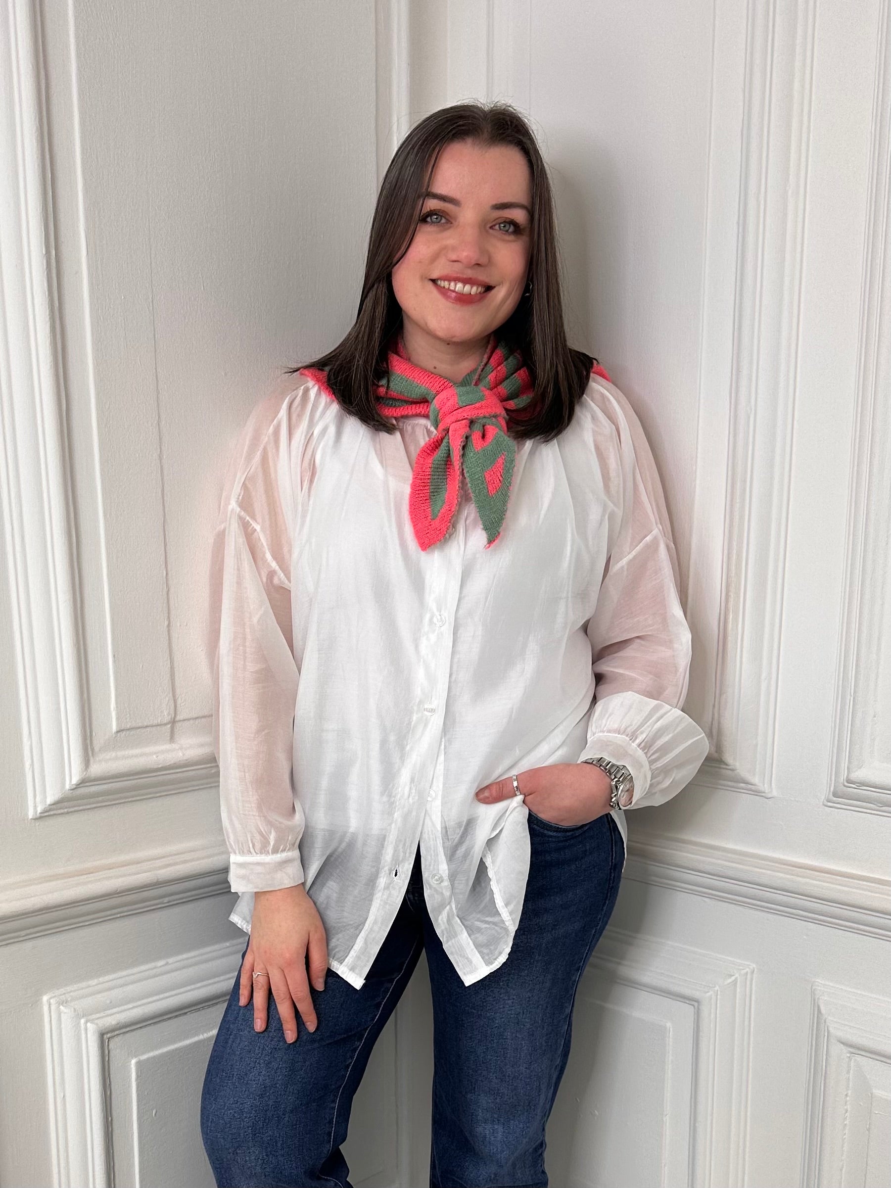 Knitted Triangle Scarf - Coral & Sage