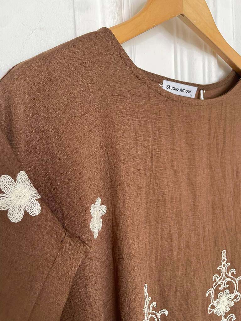 Henna Embroidered Boxy Top - Truffle