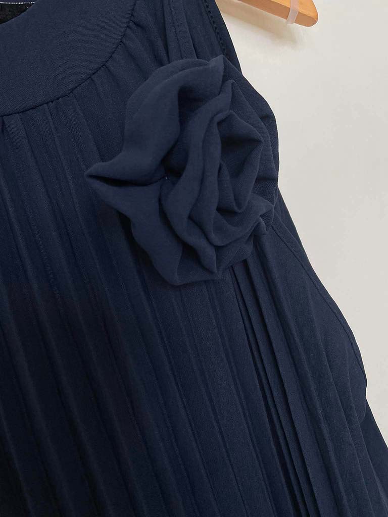 Pleated Flower Midi Dress - Navy
