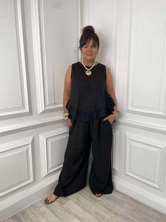 Linen Pleat Front Trousers - Black