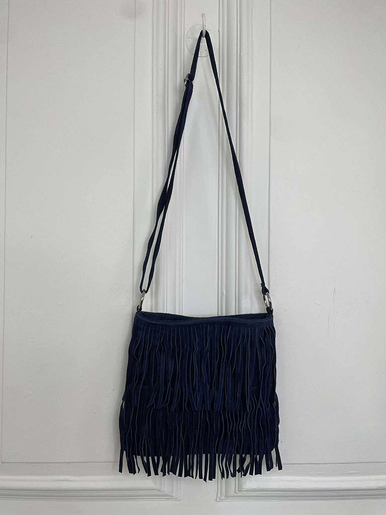 Suede Fringed Bag - Navy