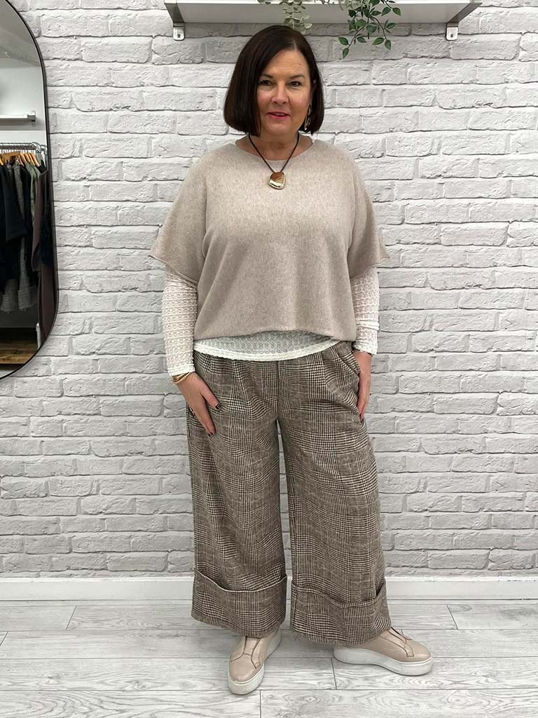 Turn Up Houndstooth Trousers - Latte