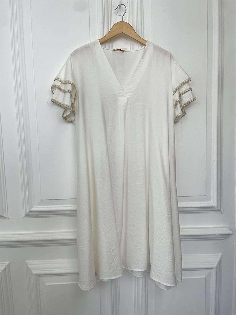 Crochet Frill Sleeve Dress - Ivory