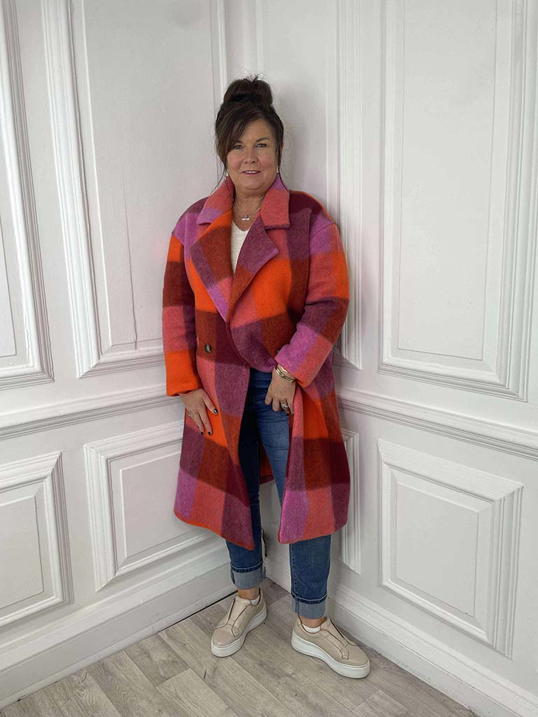 Check Wool Mix Coat - Raspberry