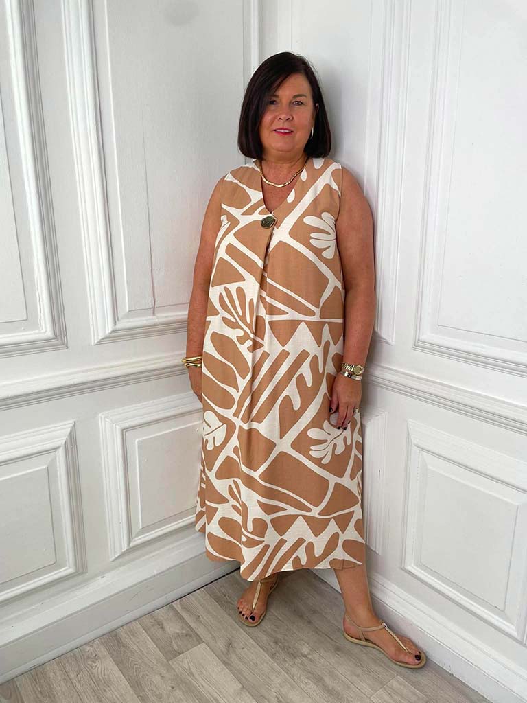 Palm Harmony Midi Dress - Caramel