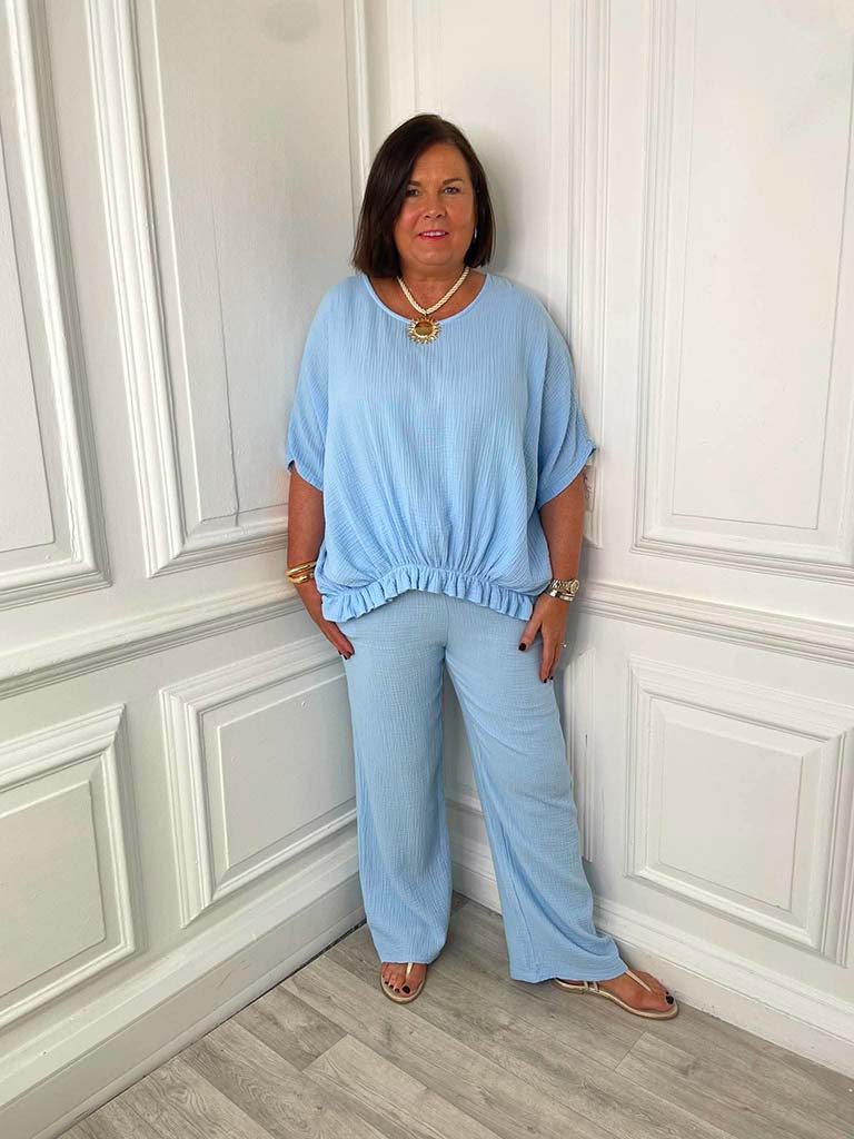 Cloud Cotton Wide Leg Trousers - Sky