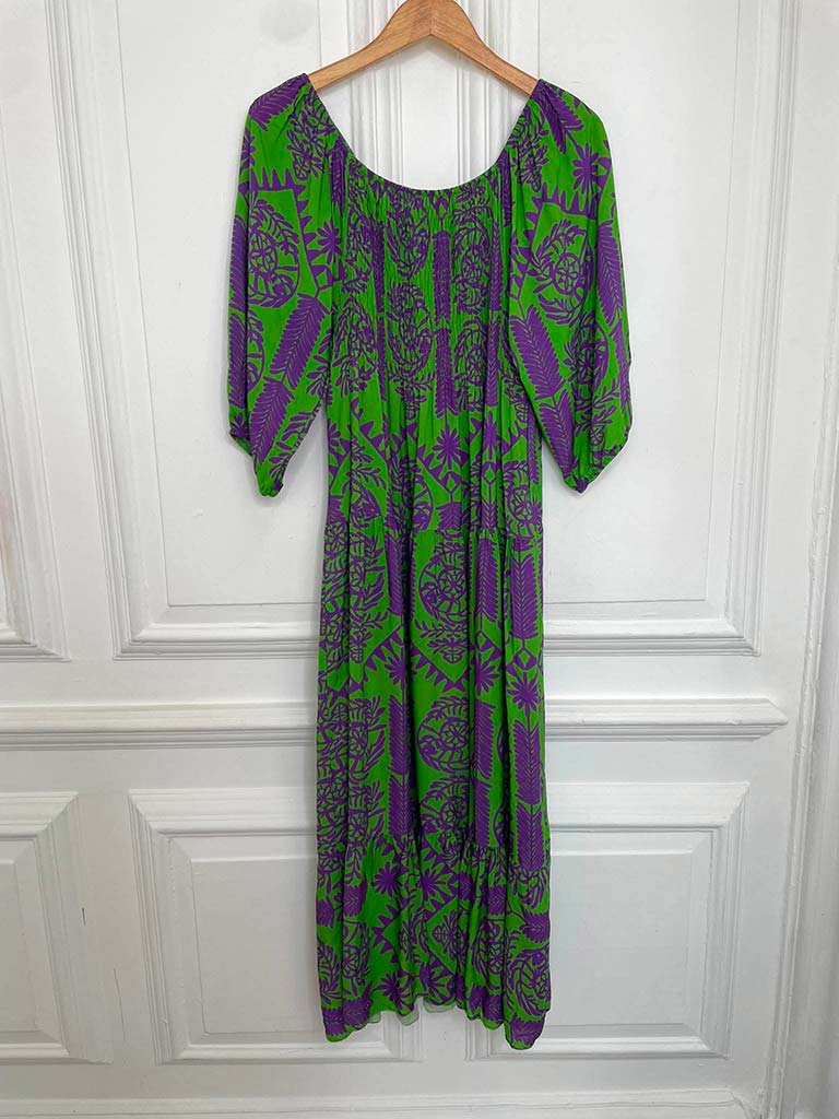Forest Fern Bardot Dress - Green & Purple