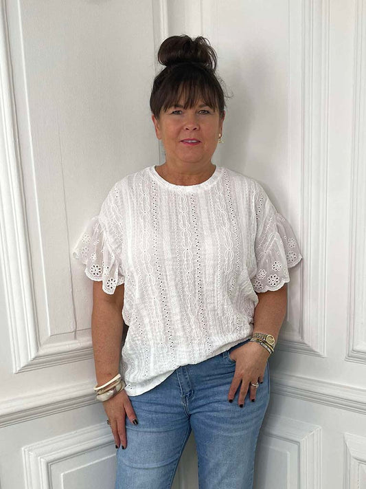 Broderie Anglaise Frill Sleeve Tee - White