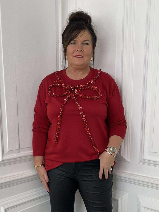Malissa J Embellished Bow Jersey Top - Wine