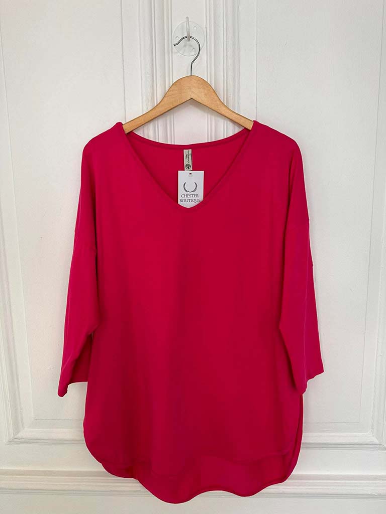 V-Neck Scooped Hem Top - Cerise