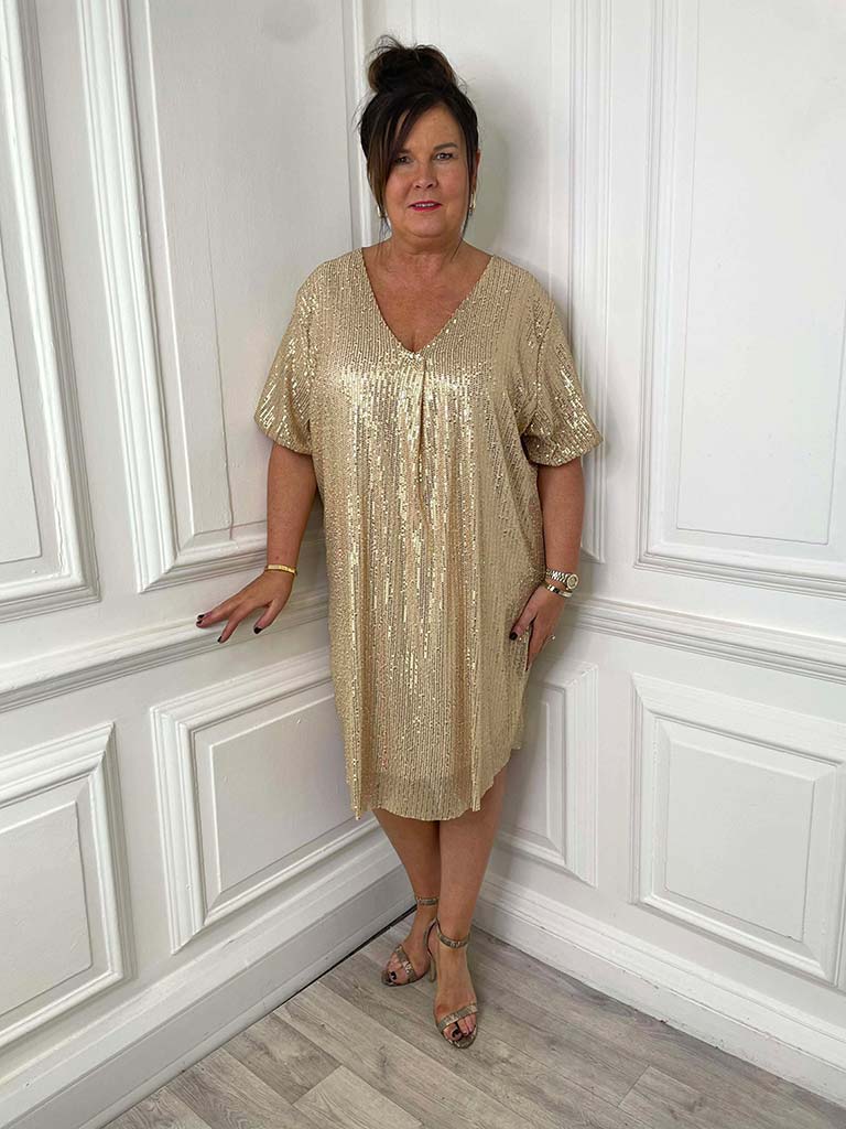 Sequin V-Neck Dress - Gold