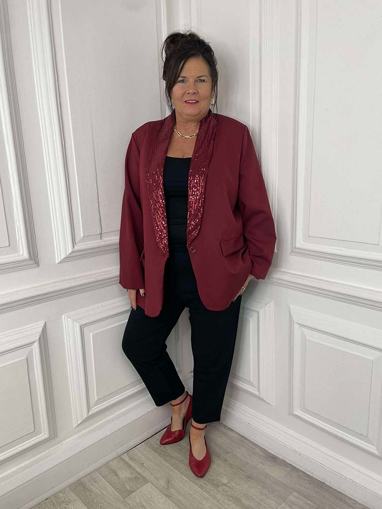 Sequin Lapel Blazer - Merlot