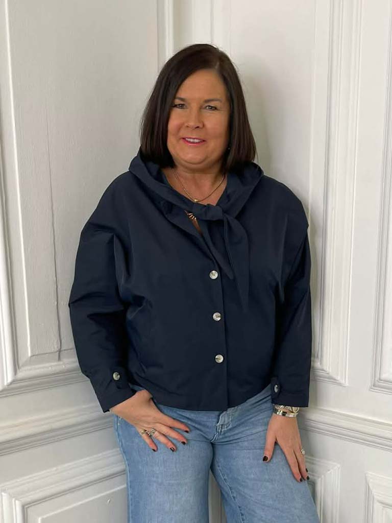 Hooded Tie Neck Jacket - Navy