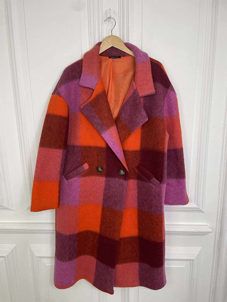 Check Wool Mix Coat - Raspberry
