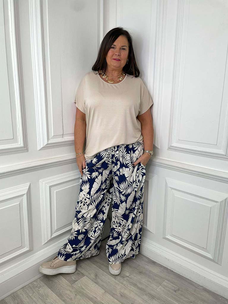 Tropical Leaf Palazzos - Navy