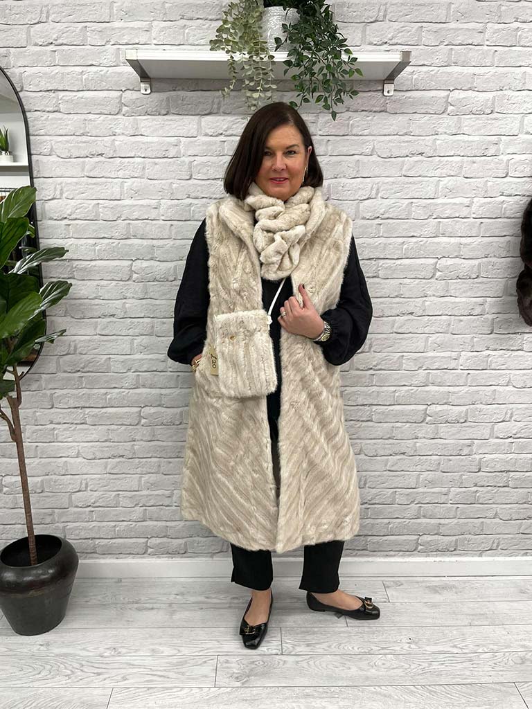 Malissa J Faux Fur Chevron Gilet - Stone