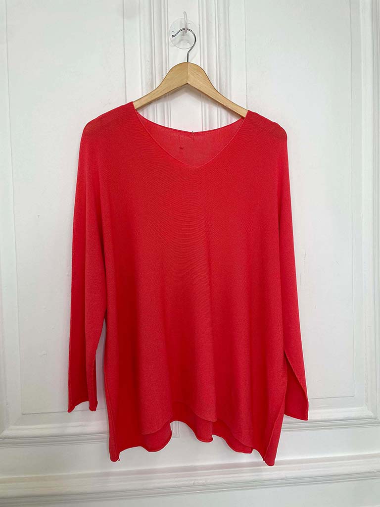 V-Neck Raw Edge Knit - Coral