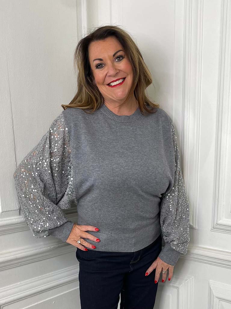 Sequin Lace Sleeve Knit - Silver Grey