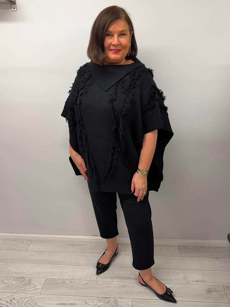Malissa J Raw Edge Knit Poncho - Black