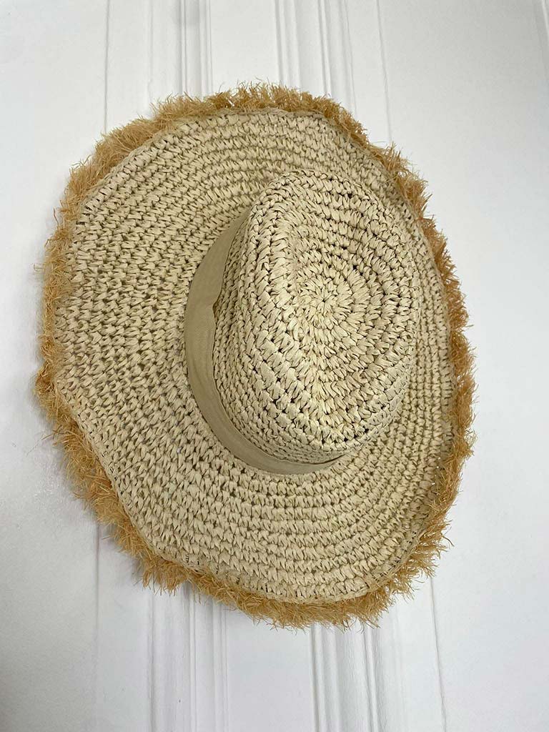 Beige raffia fedora hat with frayed brim, perfect for women's fashion, everyday wear, and relaxed styling. - Malissa J Raffia Fedora Hat - Stone