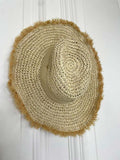 Beige raffia fedora hat with frayed brim, perfect for women's fashion, everyday wear, and relaxed styling. - Malissa J Raffia Fedora Hat - Stone