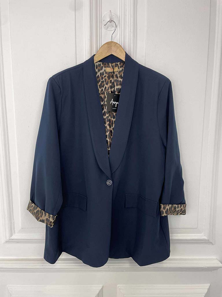 Leopard Lined Blazer - Navy