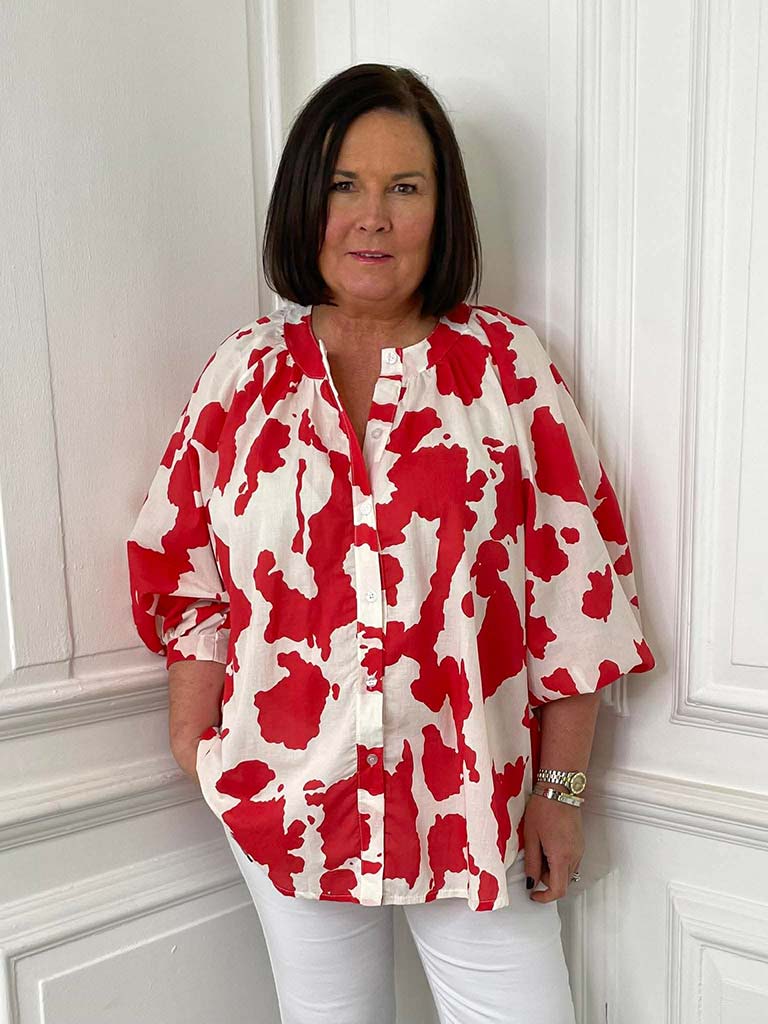 Balloon Sleeve Cow Print Blouse - Red