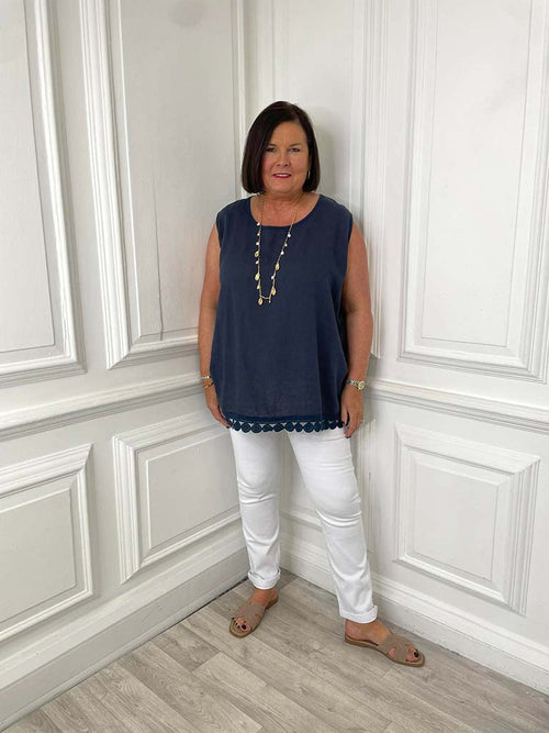 Crochet Trim Vest Top - Navy