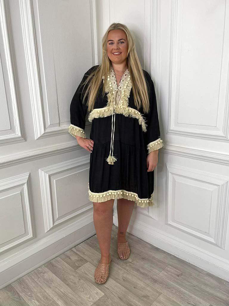 Black kaftan dress with cream fringe trim, relaxed styling for everyday wear, modern womens fashion. - Fringed Kaftan Dress - Black