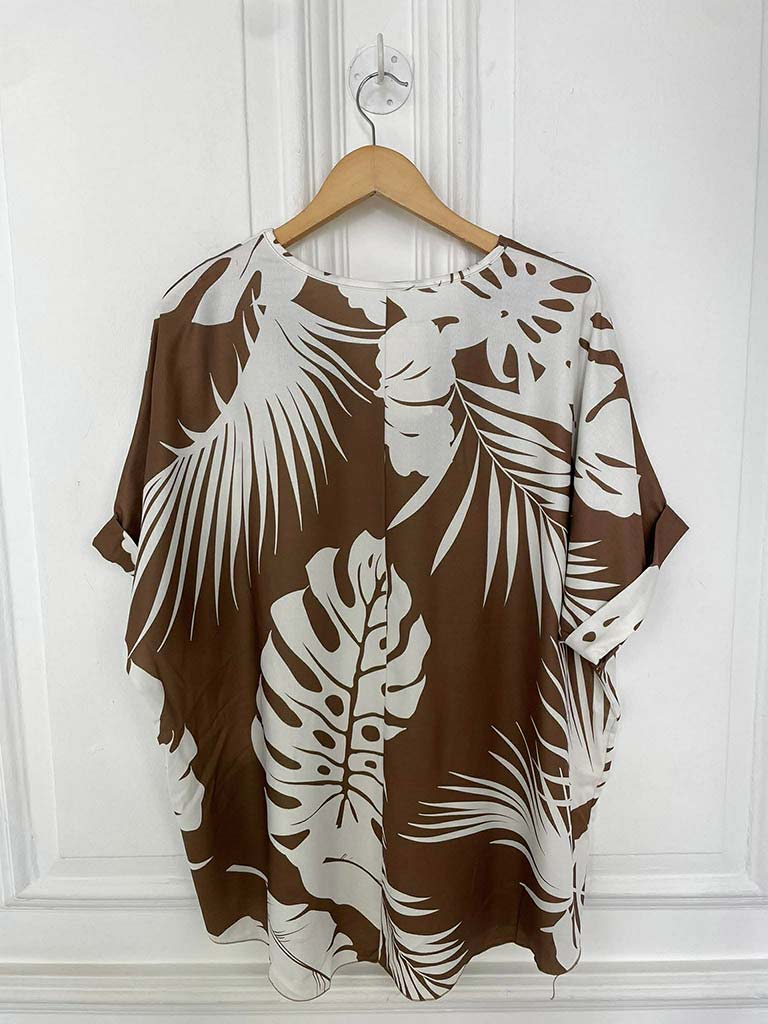 Tropical Print V-Neck Top - Pecan