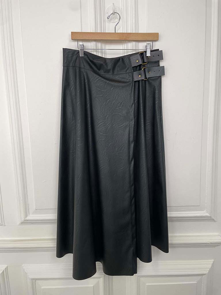 Faux Leather Buckle Skirt - Black