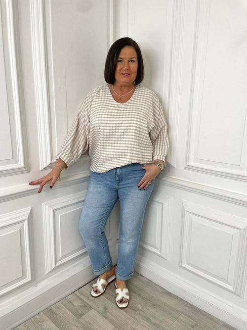 Gingham Gathered Hem Top - Sand