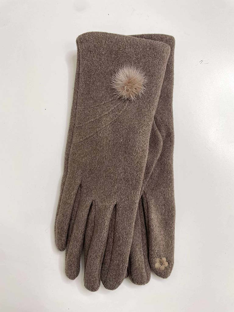 Faux Fur Pom Pom Gloves - Mocha