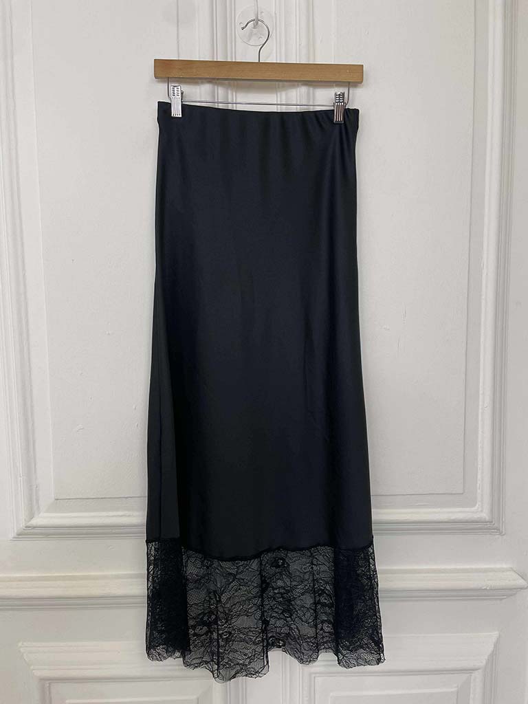 Lace Trim Maxi Skirt - Black