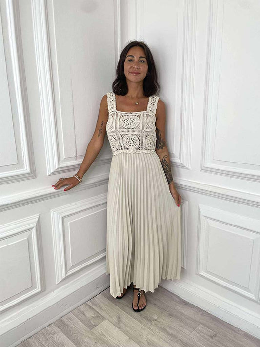 Crochet & Pleat Midaxi Dress - Stone