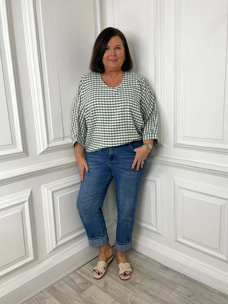 Gingham Gathered Hem Top - Khaki