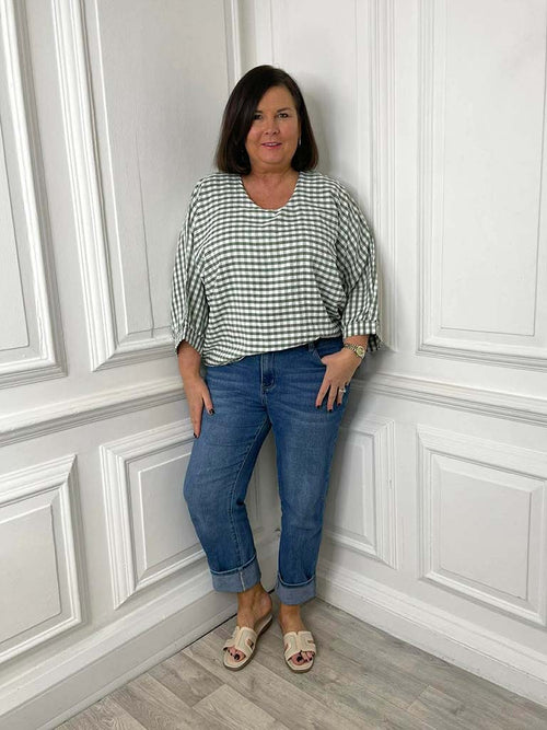 Gingham Gathered Hem Top - Khaki