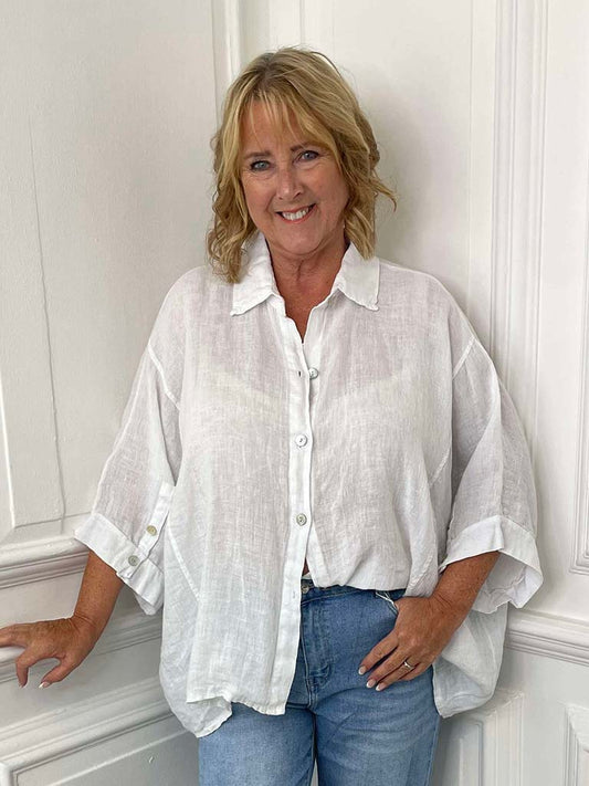 Linen Batwing Shirt Jacket - White