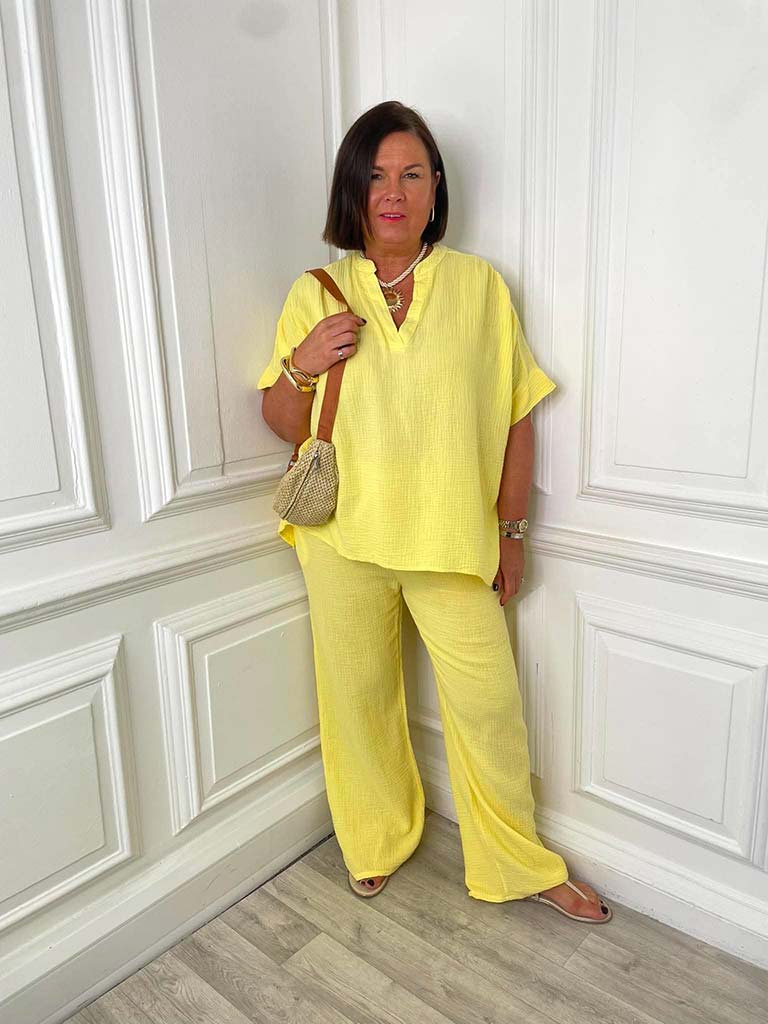 Cloud Cotton Wide Leg Trousers - Lemon