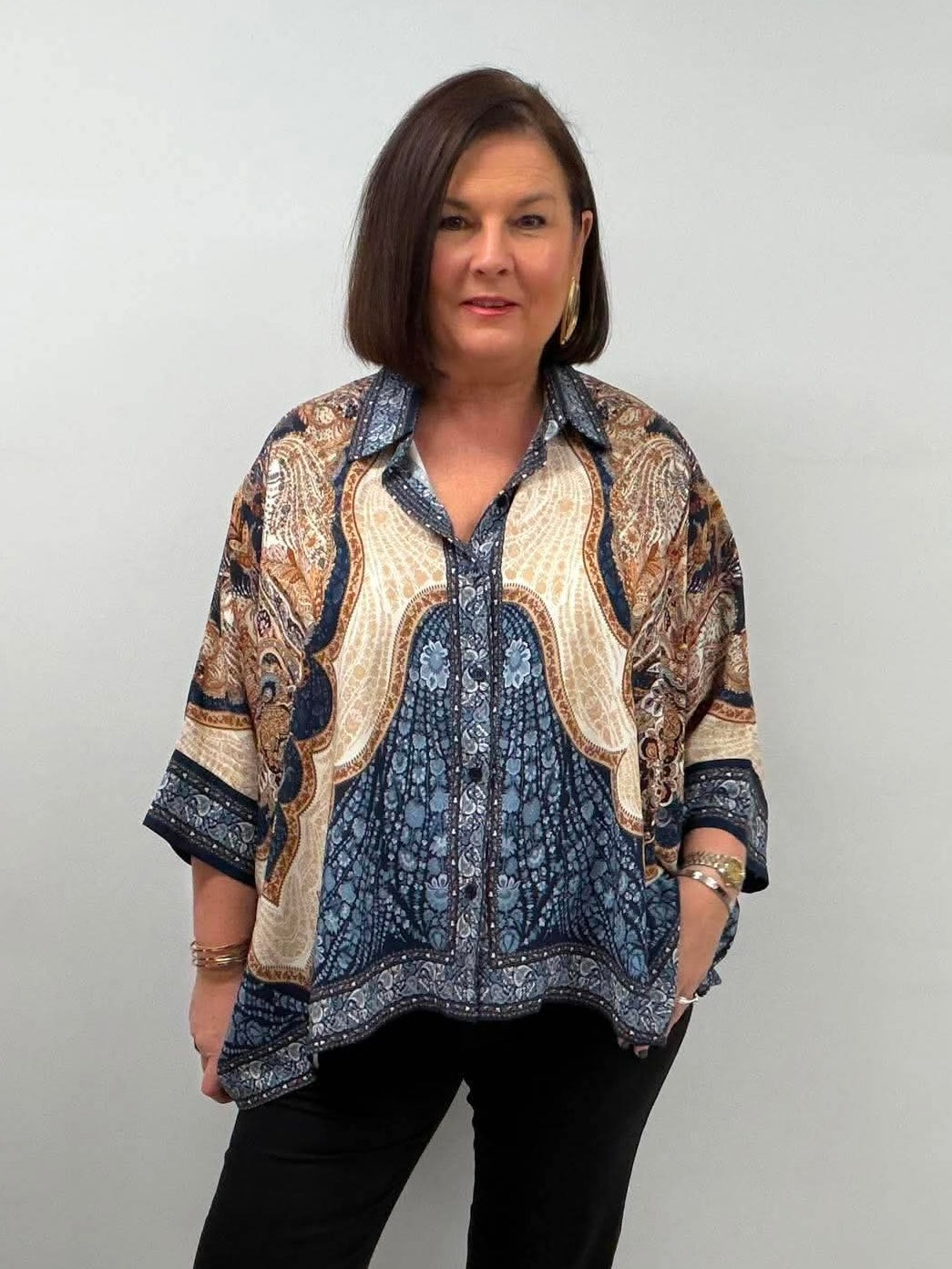 Paisley Print Oversized Shirt - Navy Mix