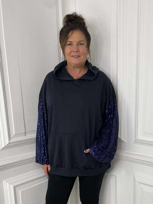 Sequin Sleeve Hoodie - Navy