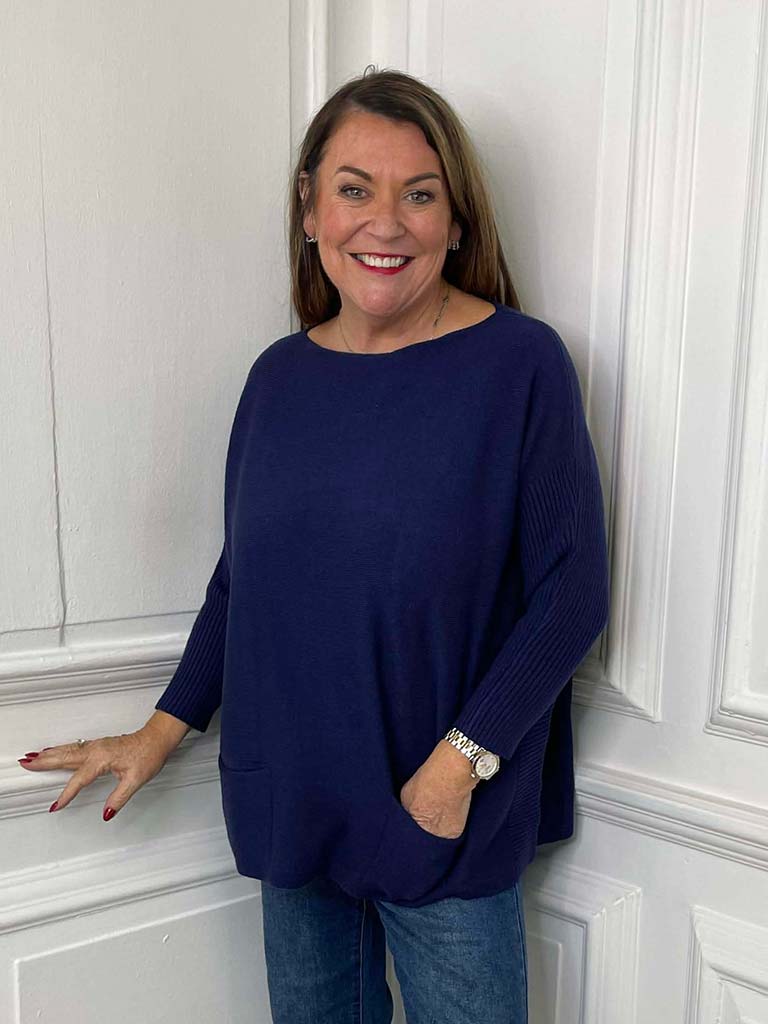 Ribbed Sleeve Pocket Knit - Navy