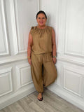 Tie Shoulder Balloon Co-ord - Caramel