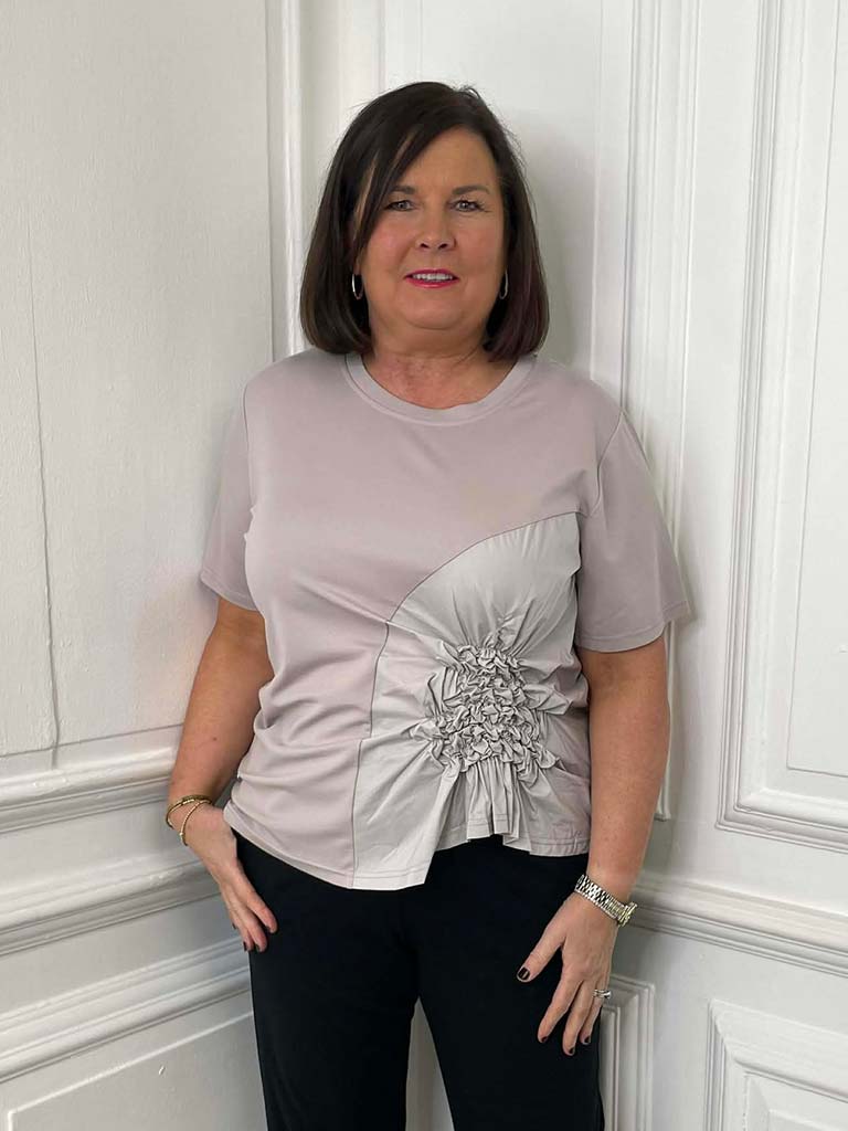 Malissa J Jersey Ruffle Top - Taupe