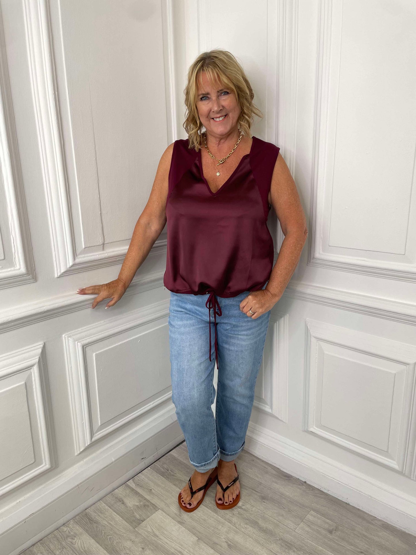 Malissa J Silk Feel Drawstring Vest - Wine