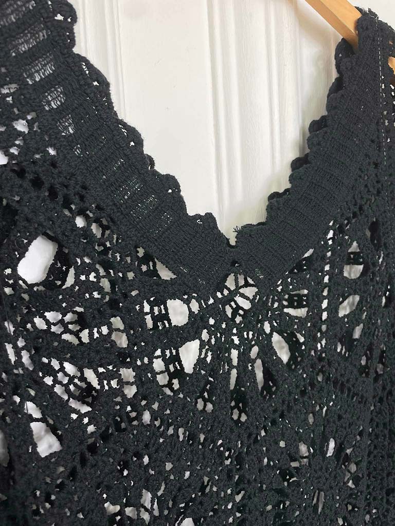 V-Neck Cotton Crochet Top - Black