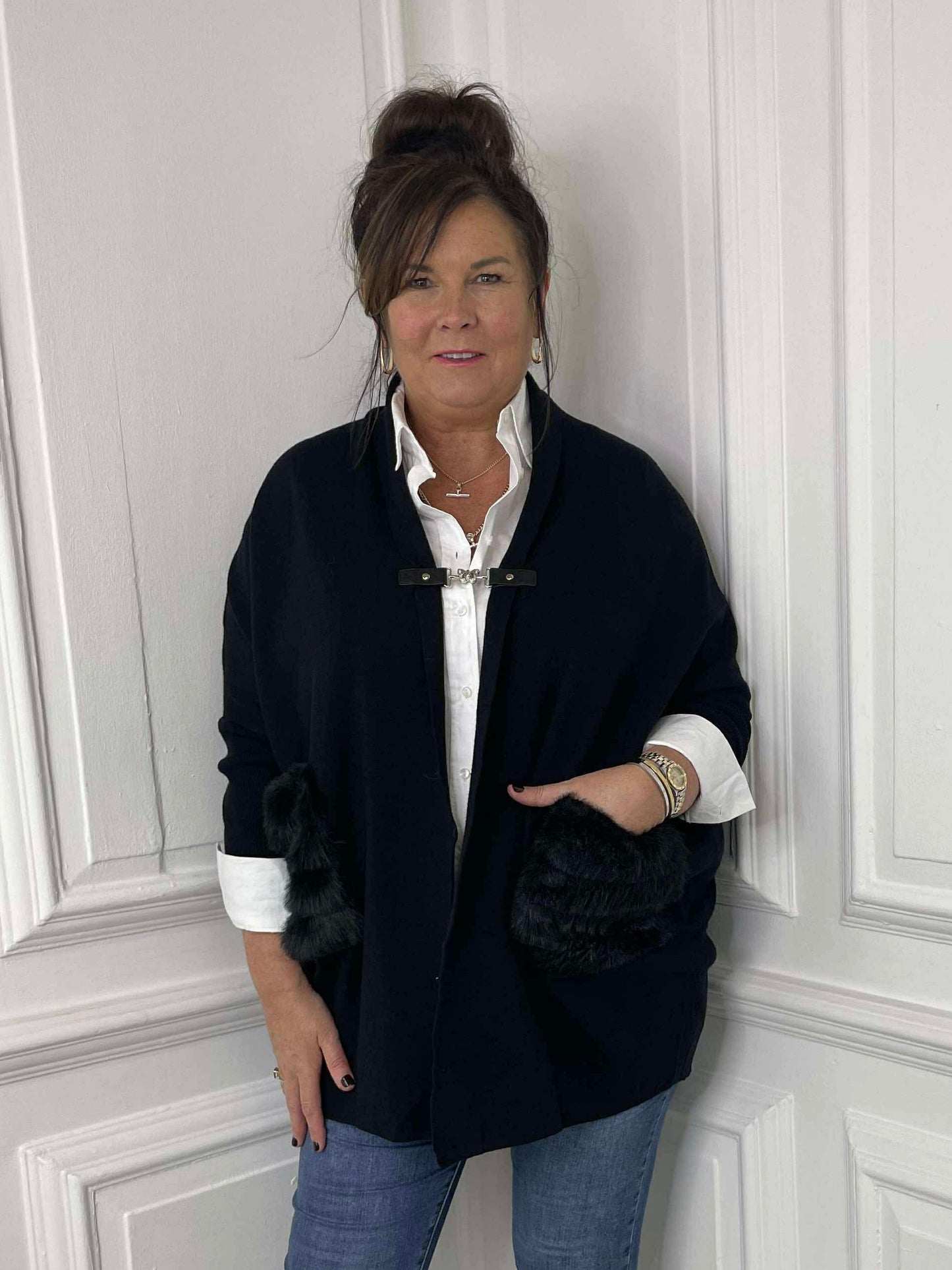 Faux Fur Pocket Cardigan - Black