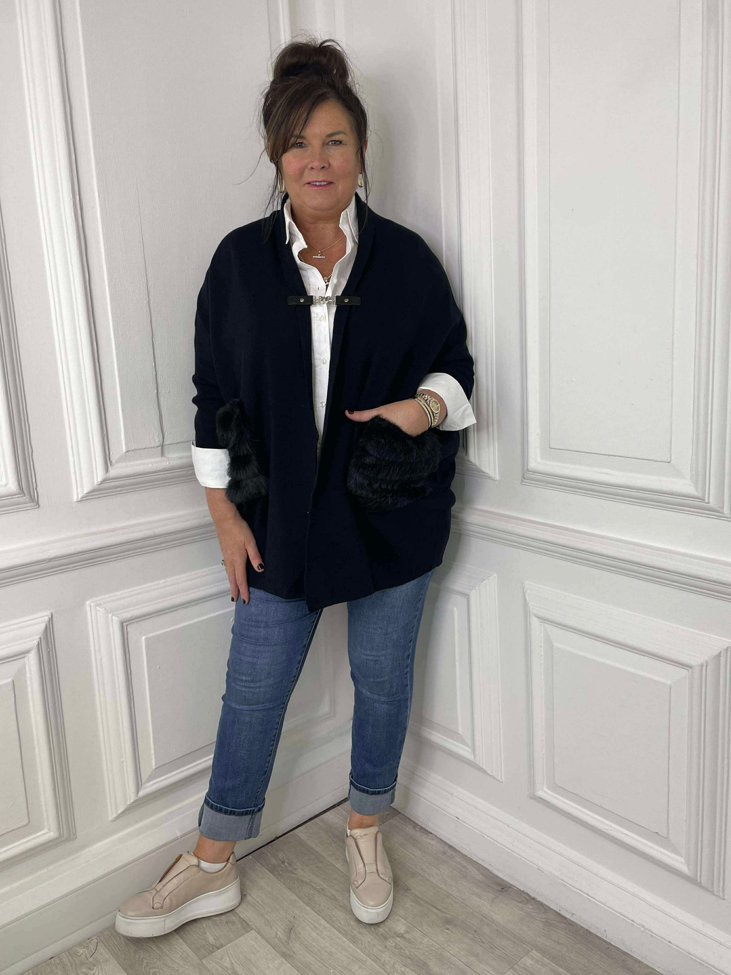 Faux Fur Pocket Cardigan - Black